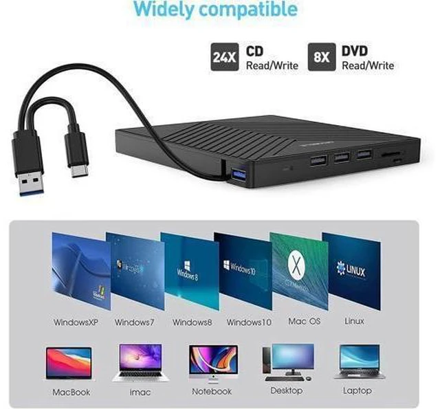 Alt view image 12 of 14 - ORIGBELIE External CD DVD Drive, Ultra Slim CD Burner USB 3.0 with 4 USB Ports and 2 TF/SD Card Slots, Optical Disk Drive for Laptop Mac, PC Windows 11/10/8/7 Linux OS