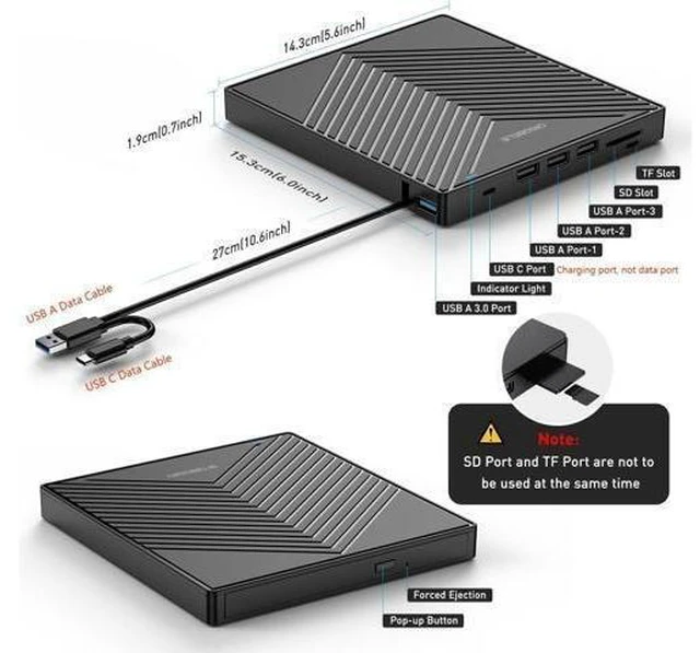 Alt view image 13 of 14 - ORIGBELIE External CD DVD Drive, Ultra Slim CD Burner USB 3.0 with 4 USB Ports and 2 TF/SD Card Slots, Optical Disk Drive for Laptop Mac, PC Windows 11/10/8/7 Linux OS