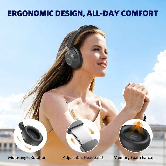 Alt view image 14 of 14 - Wave Pro Active Noise Canceling Headphones, Wireless Over Ear Bluetooth Headphones, LDAC Hi-Res Sound, 5 Mics AI Clear Call, 80H Playtime, Multipoint Connection, Comfort Fit, Custom EQ via App