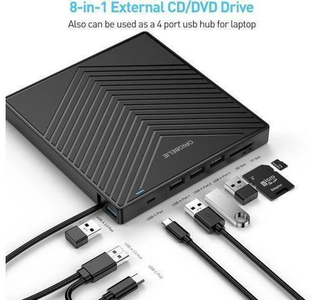 Alt view image 10 of 14 - ORIGBELIE External CD DVD Drive, Ultra Slim CD Burner USB 3.0 with 4 USB Ports and 2 TF/SD Card Slots, Optical Disk Drive for Laptop Mac, PC Windows 11/10/8/7 Linux OS