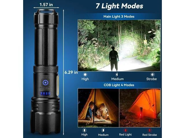 Alt view image 14 of 14 - Rechargeable Flashlight 2 Pack 900000 High Lumens Super Bright Flash Light 7 Modes with COB Work Light IPX6 Waterproof Powerful Handheld LED Flashlights for Camping Hiking