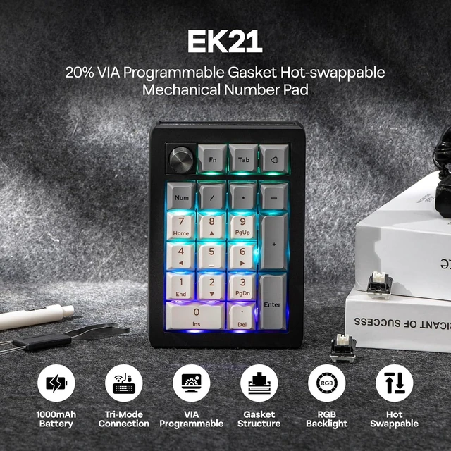 Alt view image 9 of 14 - EK21 VIA Gasket Number Pad w/ 1000mAh Battery, BT 5.0/2.4GHz/Wired | Hot-Swap Numpad with Aluminum Alloy knob, Programmable for Win/Mac/Gaming (Black Silver, Wisteria V2 Switch)