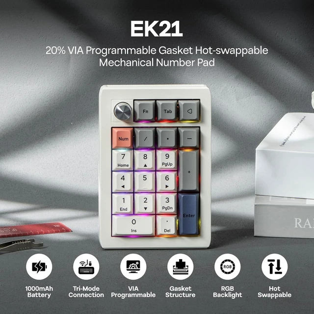 Alt view image 9 of 14 - EK21 VIA Gasket Number Pad w/ 1000mAh Battery, BT 5.0/2.4GHz/Wired | Hot-Swap Numpad with Aluminum Alloy knob, Programmable for Win/Mac/Gaming (Retro White, Wisteria V2 Switch)
