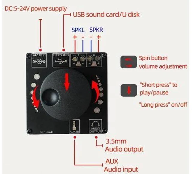 Alt view image 7 of 10 - XY-AP50L 40W50W*2 Stereo Bluetooth Digital Power Amplifier Board 12V/24V2.0 Dual Channel Knob Volume Adjustment Switch