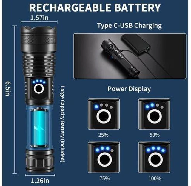 Alt view image 11 of 14 - Flashlights High Lumens Rechargeable, 2Pack Rechargeable Flashlights, 990000lm Super Bright Flashlight, 5Mode Tactical Flashlights High Lumens, LED Flashlight High Powered, Waterproof Flash Light LED