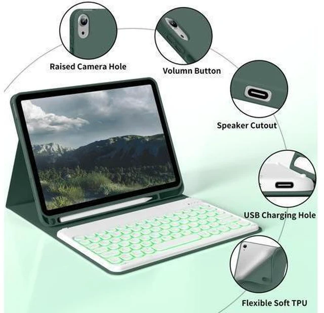 Alt view image 8 of 10 - kenke for iPad 10th Generation Case with Keyboard 10.9 inch 2022, Detachable Wireless Bluetooth iPad Keyboard Case with Built-in Left Side Pencil Holder, Backlit White Circular Keycaps (Dark Green
