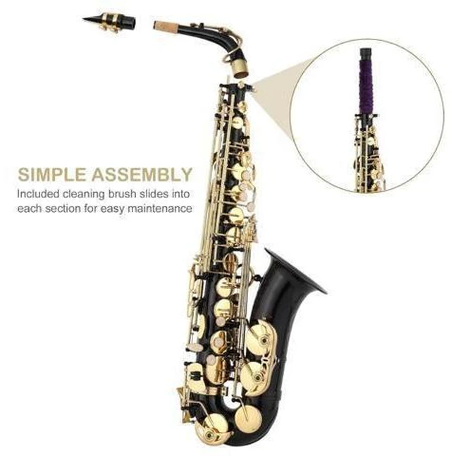 Alt view image 9 of 12 - Alto Saxophone Drop E Brass Sax Full Kit for Student Beginners with Carving, Mouthpiece, Carrying Case, Gloves, Cleaning Cloth Bar, Detachable Strap, Shoulder Strap, Reed