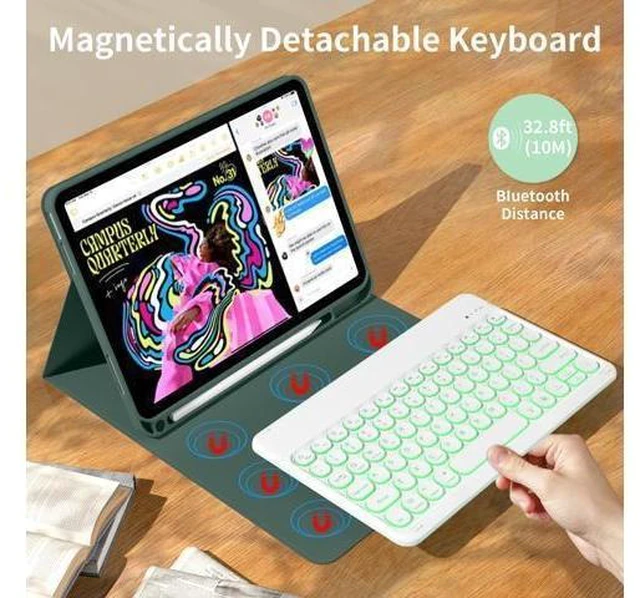 Alt view image 9 of 10 - kenke for iPad 10th Generation Case with Keyboard 10.9 inch 2022, Detachable Wireless Bluetooth iPad Keyboard Case with Built-in Left Side Pencil Holder, Backlit White Circular Keycaps (Dark Green