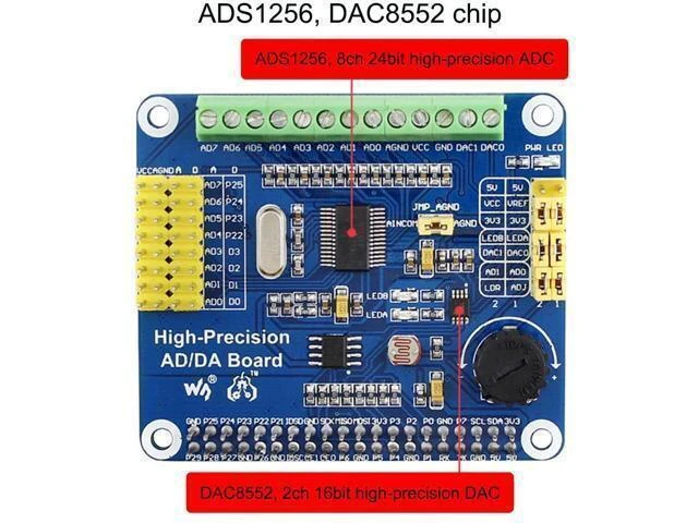 Alt view image 12 of 12 - High-Precision AD/DA Expansion Board for Raspberry Pi 4B/Raspberry Pi 3B+/Raspberry Pi3B/2B/Raspberry Pi Zero/Zero W/Zero WH/Raspberry Pi Zero 2W/ Zero 2WH/Jetson Nano, Onboard ADS1256/ DAC8552 Chip