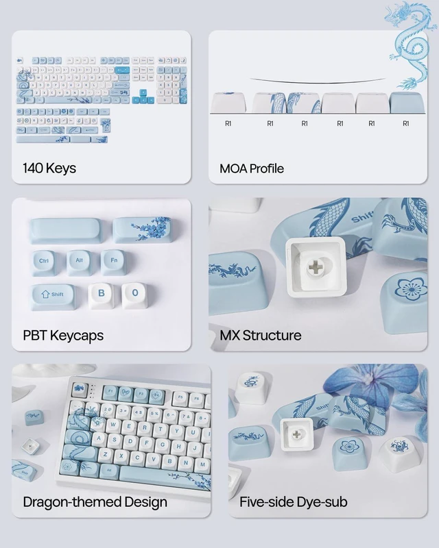 Alt view image 10 of 14 - x LINDSEYSZN Azure Dragon SZN Keycaps Set - 140 Keys Five-side Dye-sub PBT Keycaps, MOA Profile, MX-Style Compatible for Alice/60%/65%/75%/TKL/96%/Full Size Layout Mechanical Gaming Keyboards
