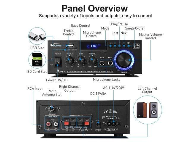 Alt view image 11 of 14 - WOOPKER AK45 Pro Stereo Amplifier, 50Wx2 Bluetooth 5.0 Receiver HiFi 2 Channel Power Amplifier for Wired Speaker, Support USB, SD, RCA, MIC Input, Treble & Bass Control Karaoke Music Player