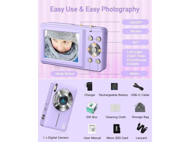 Alt view image 14 of 14 - AiTechny Digital Camera, FHD 1080P Kids Camera, 44MP Point and Shoot Cameras for Pictures with 32GB Card, 16X Zoom, Lanyard, Portable Travel Mini Camera for Kids Teens Beginner(Purple)