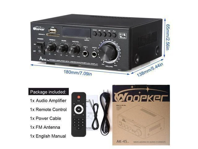 Alt view image 13 of 14 - WOOPKER AK45 Pro Stereo Amplifier, 50Wx2 Bluetooth 5.0 Receiver HiFi 2 Channel Power Amplifier for Wired Speaker, Support USB, SD, RCA, MIC Input, Treble & Bass Control Karaoke Music Player