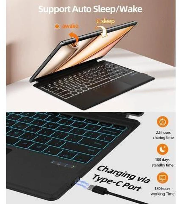 Alt view image 10 of 10 - Surface Pro Keyboard for Microsoft Surface Pro 11/10/9/8/X, Surface Pro Bluetooth Type Cover with 7 Colors Backlit, Touchpad, Sleep/Wake Function, Pencil Holder, Rechargeable Battery