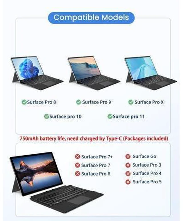 Alt view image 7 of 10 - Surface Pro Keyboard, Wireless Type Cover for Microsoft Surface Pro 11/10/9/8/X, Ultra-Slim Portable Magnetic Bluetooth Keyboard with 7 Color Backlit, Pen Holder, Rechargeable Battery, Trackpad