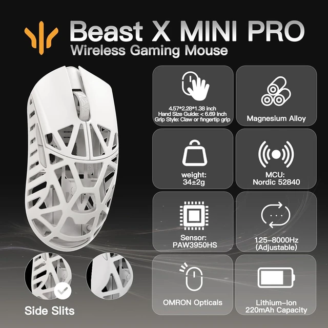 Alt view image 8 of 12 - WLMOUSE Beast X Mini Pro Ultra-Light 34g Magnesium Gaming Mouse, PAW3950 HS Sensor, 8K Polling Rate, 30000 DPI,OM & TTC Switches, Customizable Side Panels.(Milky White(OM Switch-Side Slits))