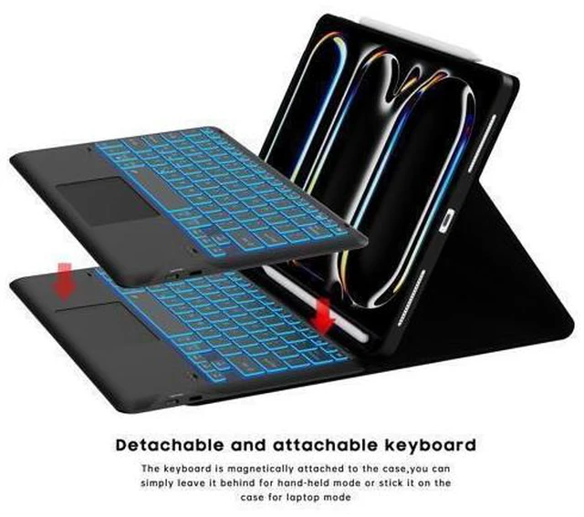 Alt view image 9 of 10 - for 2024 iPad Pro 13-inch (M4) Case with Keyboard - 7 Color Backlit Detachable Tablet Keyboard Cover with Touchpad - 13" iPad Pro (M4, 2024) Magnetic Keyboard Case with Pencil Holder & Kickstand Black