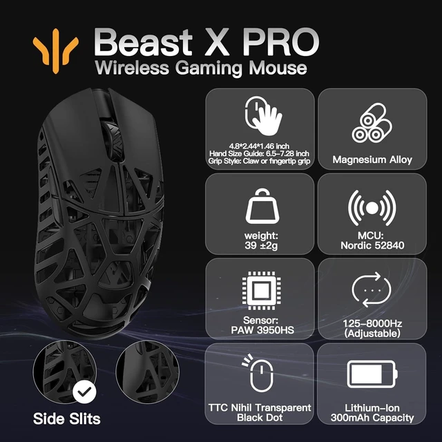 Alt view image 6 of 10 - WLMOUSE Beast X Pro Ultra-Light 39g Magnesium Gaming Mouse, PAW3950 HS Sensor, 8K Polling Rate, 30000 DPI,OM & TTC Switches, Customizable Side Panels.(Black(TTC Switch-Side Slits))