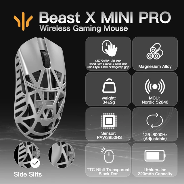 Alt view image 8 of 12 - WLMOUSE Beast X Mini Pro Ultra-Light 34g Magnesium Gaming Mouse, PAW3950 HS Sensor, 8K Polling Rate, 30000 DPI,OM & TTC Switches, Customizable Side Panels.(Silver(TTC Switch-Side Slits))