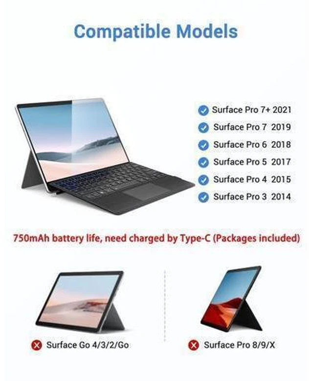 Alt view image 7 of 10 - Surface Pro Keyboard, Magnetic Wireless Type Cover for Microsoft Surface Pro 7 6 5 4 3 7 Plus, 7 Color Backlit Bluetooth Ultra-Slim Portable Keyboard with Trackpad, Rechargeable Battery