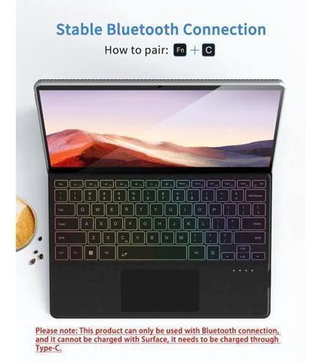 Alt view image 10 of 10 - Surface Pro Keyboard, Magnetic Wireless Type Cover for Microsoft Surface Pro 7 6 5 4 3 7 Plus, 7 Color Backlit Bluetooth Ultra-Slim Portable Keyboard with Trackpad, Rechargeable Battery