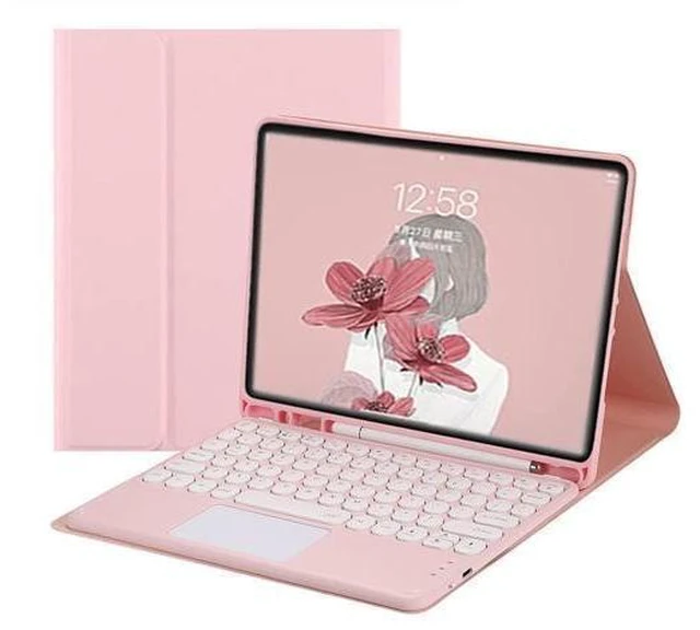 Alt view image 6 of 10 - HENGHUI iPad 10th Generation 2022 Keyboard Case with Touchpad Cute Round Key Color Keyboard iPad 10 10.9 inch Detachable Touch Keyboard Slim Smart Cover with Pencil Holder (Pink)