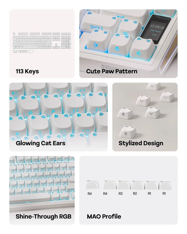 Alt view image 10 of 14 - Shimmeow Cute Cat Themed Keycaps Set for MX Mechanical Keyboard | 113 Keys, Shine Through, MAO Profile, PBT+PC Material, Compatible for 60%/65%/75%/TKL/96%/Full-Sized ANSI Layout (White)