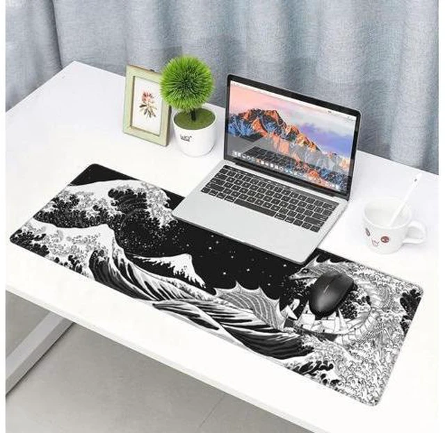 Alt view image 9 of 14 - Black and White Japanese Waves Sea Dragon Gaming Mouse Pad XL, Extended Large Mouse Mat Desk Pad, Stitched Edges Mousepad, Long Non-Slip Rubber Base Mice Pad, 31.5 X 11.8 Inch