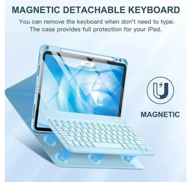 Alt view image 9 of 10 - Harvopu iPad Air 5th 4th Generation Case with Keyboard 10.9 Inch, Folio Keyboard Cover with Pencil Holder for iPad Air 5th Gen 2022/Air 4th Gen 2020, Detachable Backlit Wireless Keyboard (Sky Blue)