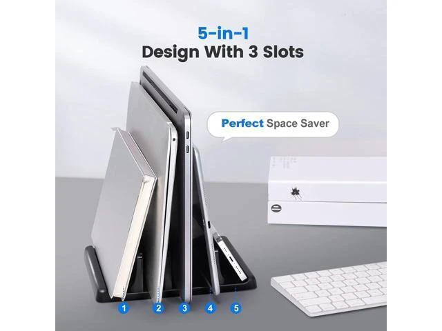 Alt view image 9 of 14 - 3-Slot Vertical Laptop Stand Holder Adjustable ABS Plastic Desktop Notebook Dock Vertical Laptop Stand Space-Saving for All MacBook/Surface//HP//Chrome Book