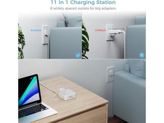 Alt view image 9 of 14 - Surge Protector Power Strip 15 Ft Cord, 8 Widely Spaced Outlets, 3 USB Charger(1 USB C Port), Ultra Thin Flat Plug Extension Cord 15 Feet, 900J Surge Protection for Home, Office, Dorm Room Essentials
