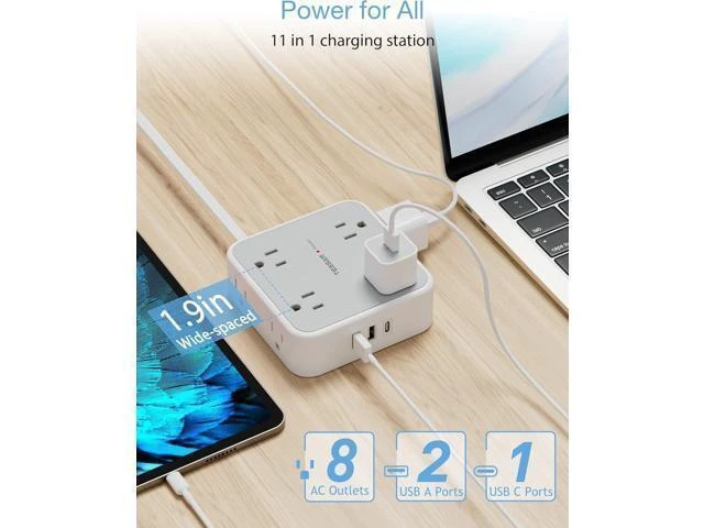 Alt view image 10 of 14 - Surge Protector Power Strip 15 Ft Cord, 8 Widely Spaced Outlets, 3 USB Charger(1 USB C Port), Ultra Thin Flat Plug Extension Cord 15 Feet, 900J Surge Protection for Home, Office, Dorm Room Essentials