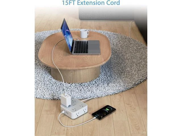 Alt view image 12 of 14 - Surge Protector Power Strip 15 Ft Cord, 8 Widely Spaced Outlets, 3 USB Charger(1 USB C Port), Ultra Thin Flat Plug Extension Cord 15 Feet, 900J Surge Protection for Home, Office, Dorm Room Essentials