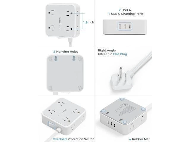 Alt view image 14 of 14 - Surge Protector Power Strip 15 Ft Cord, 8 Widely Spaced Outlets, 3 USB Charger(1 USB C Port), Ultra Thin Flat Plug Extension Cord 15 Feet, 900J Surge Protection for Home, Office, Dorm Room Essentials