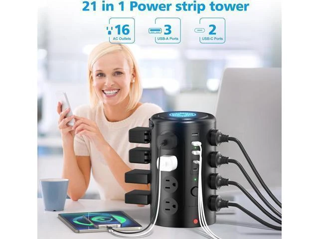 Alt view image 8 of 12 - Tower Power Strip Surge Protector with 16 Outlets and 5 USB Ports (2 USB-C), 6FT Extension Cord with Multiple Outlets,Heavy Duty Charging Station,Home Office Dorm Room Essentials. No Wireless Charging