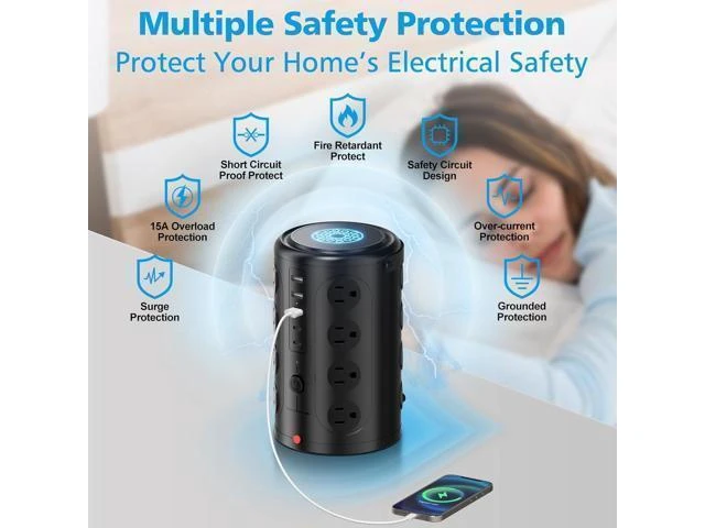 Alt view image 10 of 12 - Tower Power Strip Surge Protector with 16 Outlets and 5 USB Ports (2 USB-C), 6FT Extension Cord with Multiple Outlets,Heavy Duty Charging Station,Home Office Dorm Room Essentials. No Wireless Charging