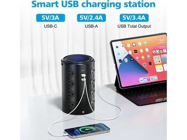 Alt view image 11 of 12 - Tower Power Strip Surge Protector with 16 Outlets and 5 USB Ports (2 USB-C), 6FT Extension Cord with Multiple Outlets,Heavy Duty Charging Station,Home Office Dorm Room Essentials. No Wireless Charging