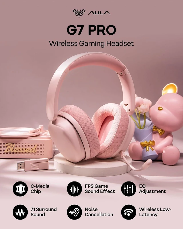 Alt view image 9 of 14 - X Aula G7 Pro Wireless Gaming Headset, Dual Mode BT5.3 & 2.4GHz, 7.1 Surround Sound, 80+ Hour Battery, RGB Light, with Noise Canceling Mic for PS5, PS4, Switch, PC (Pink)