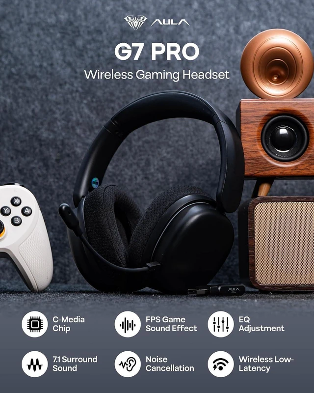 Alt view image 9 of 14 - X Aula G7 Pro Wireless Gaming Headset, Dual Mode BT5.3 & 2.4GHz, 7.1 Surround Sound, 80+ Hour Battery, RGB Light, with Noise Canceling Mic for PS5, PS4, Switch, PC (Black)