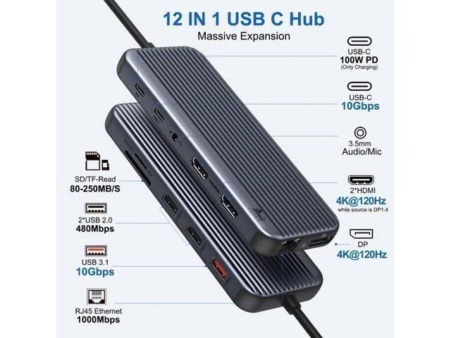 Alt view image 8 of 12 - Dual HDMI Docking Station USB C to 2 Monitor 4@60Hz, LIONWEI USB C Hub with 4K@120Hz HDMI, DP, 10Gbps USB C & USB A 3.1, 1000Mbps RJ45, SD/TF, USB C Dock for Type C Laptop