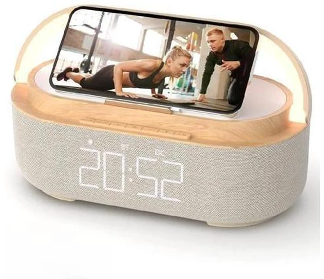 Alt view image 8 of 14 - Bluetooth Speaker with Wireless Charger, FM Radio, Adjustable LED Night Light, Dual Wireless Speakers, Suitable for Home Decoration, Bedroom, Office, Gift(Wooden)