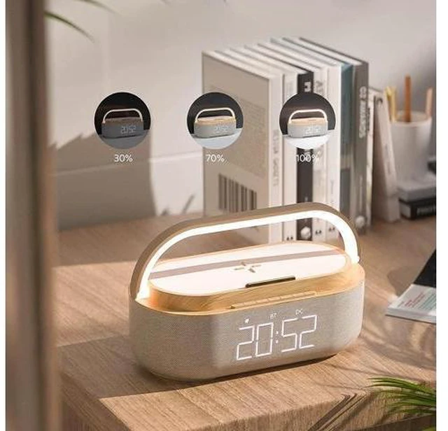 Alt view image 9 of 14 - Bluetooth Speaker with Wireless Charger, FM Radio, Adjustable LED Night Light, Dual Wireless Speakers, Suitable for Home Decoration, Bedroom, Office, Gift(Wooden)