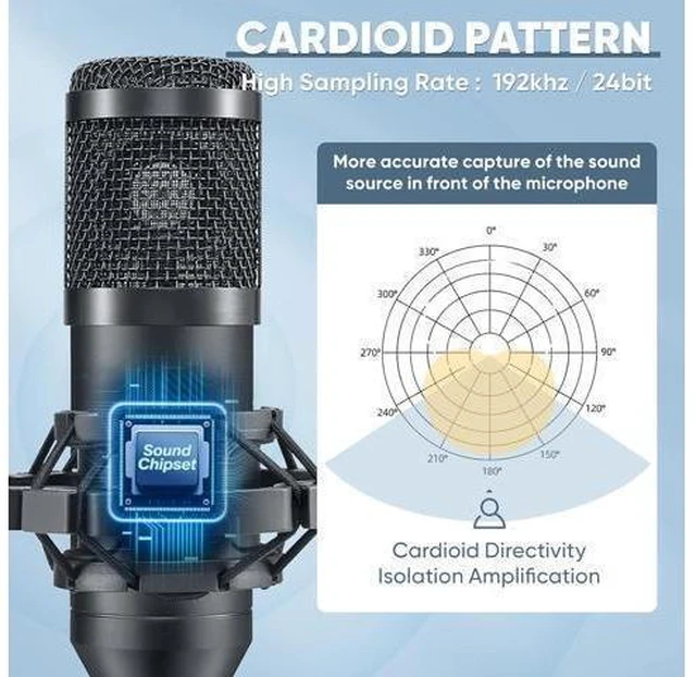 Alt view image 13 of 14 - USB Microphone, Professional 192kHz/24Bit Plug & Play PC Computer Condenser Cardioid Mic Kit with Sound Advanced Chipset, for Streaming, Podcast, Studio Recording and Games
