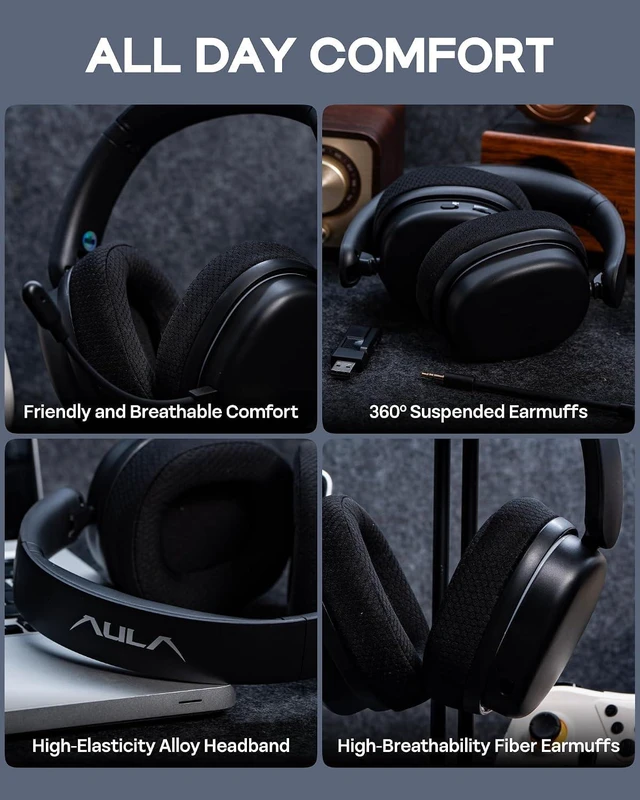 Alt view image 11 of 14 - X Aula G7 Pro Wireless Gaming Headset, Dual Mode BT5.3 & 2.4GHz, 7.1 Surround Sound, 80+ Hour Battery, RGB Light, with Noise Canceling Mic for PS5, PS4, Switch, PC (Black)