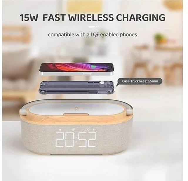 Alt view image 11 of 14 - Bluetooth Speaker with Wireless Charger, FM Radio, Adjustable LED Night Light, Dual Wireless Speakers, Suitable for Home Decoration, Bedroom, Office, Gift(Wooden)