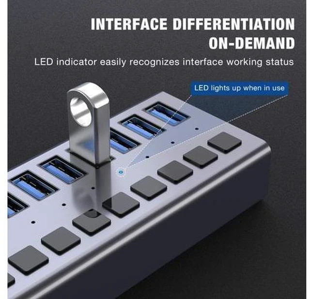 Alt view image 11 of 14 - Powered USB Hub - ACASIS 10 Ports 48W USB 3.0 Data Hub - with Individual On/Off Switches and 12V/4A Power Adapter USB Hub 3.0 Splitter for Laptop PC Computer Mobile HDD Flash Drive and More