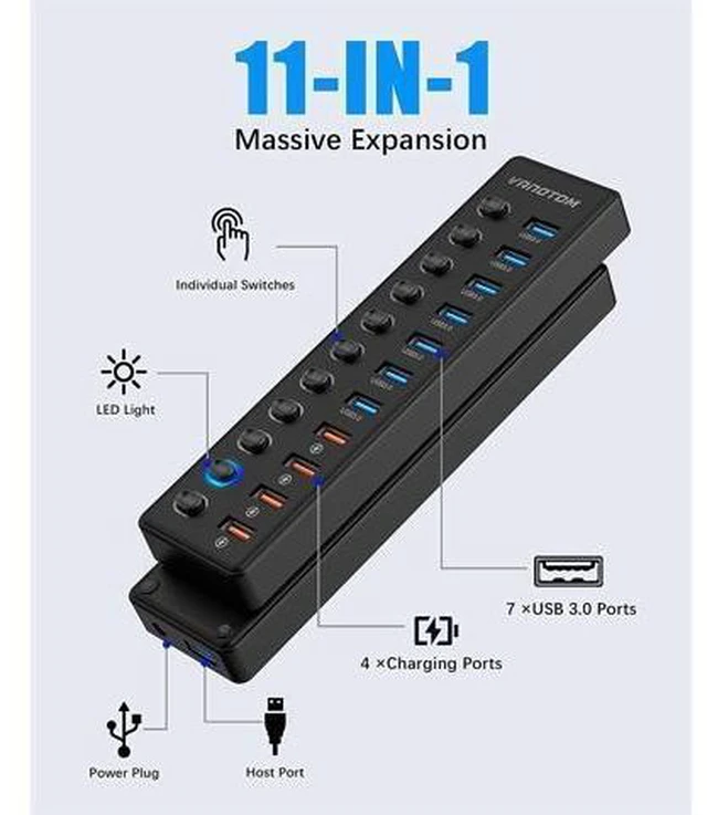 Alt view image 9 of 14 - Powered USB Hub 3.0, 11-Port USB Hub Splitter (7 USB 3.0 Data Ports + 4 Smart Charging Port) with 12V/3A Power Adapter and LED Individual On/Off Switches for Laptop and PC