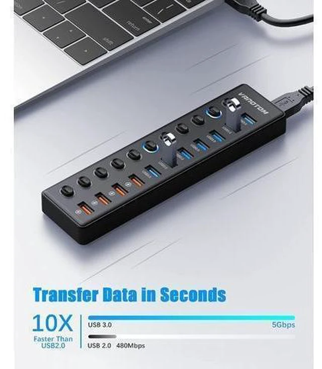 Alt view image 10 of 14 - Powered USB Hub 3.0, 11-Port USB Hub Splitter (7 USB 3.0 Data Ports + 4 Smart Charging Port) with 12V/3A Power Adapter and LED Individual On/Off Switches for Laptop and PC