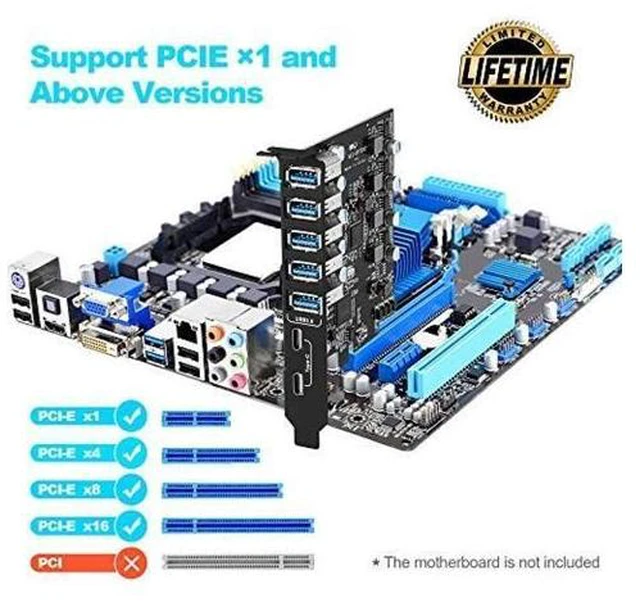 Alt view image 7 of 10 - PCI-E to USB 3.0 7-Port(2X USB-C - 5X USB-A) Expansion Card,PCI Express USB Add in Card, Internal USB3 Hub Converter for Desktop PC Host Card Support Windows 10/8/7/XP and MAC OS 10.8.2 Above