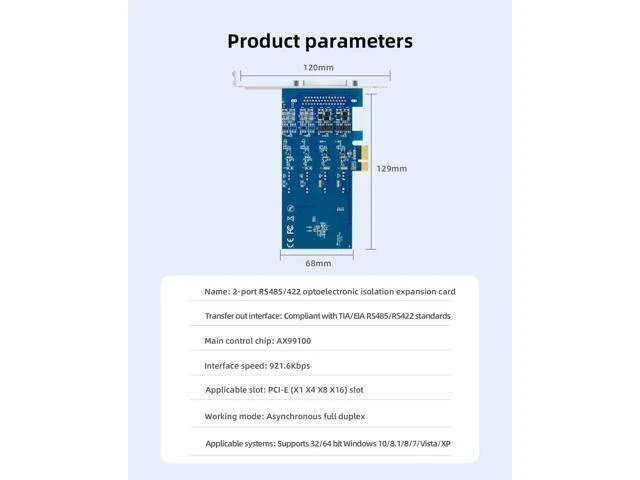 Alt view image 9 of 14 - Buaczo PCIe to Dual RS-485/422 Serial Port Card with 2500V Opto-Isolation, Anti-Surge/Lightning Protection & Terminal Block - DIN Rail Mountable for PLC, CNC, SCADA, Industrial Automation
